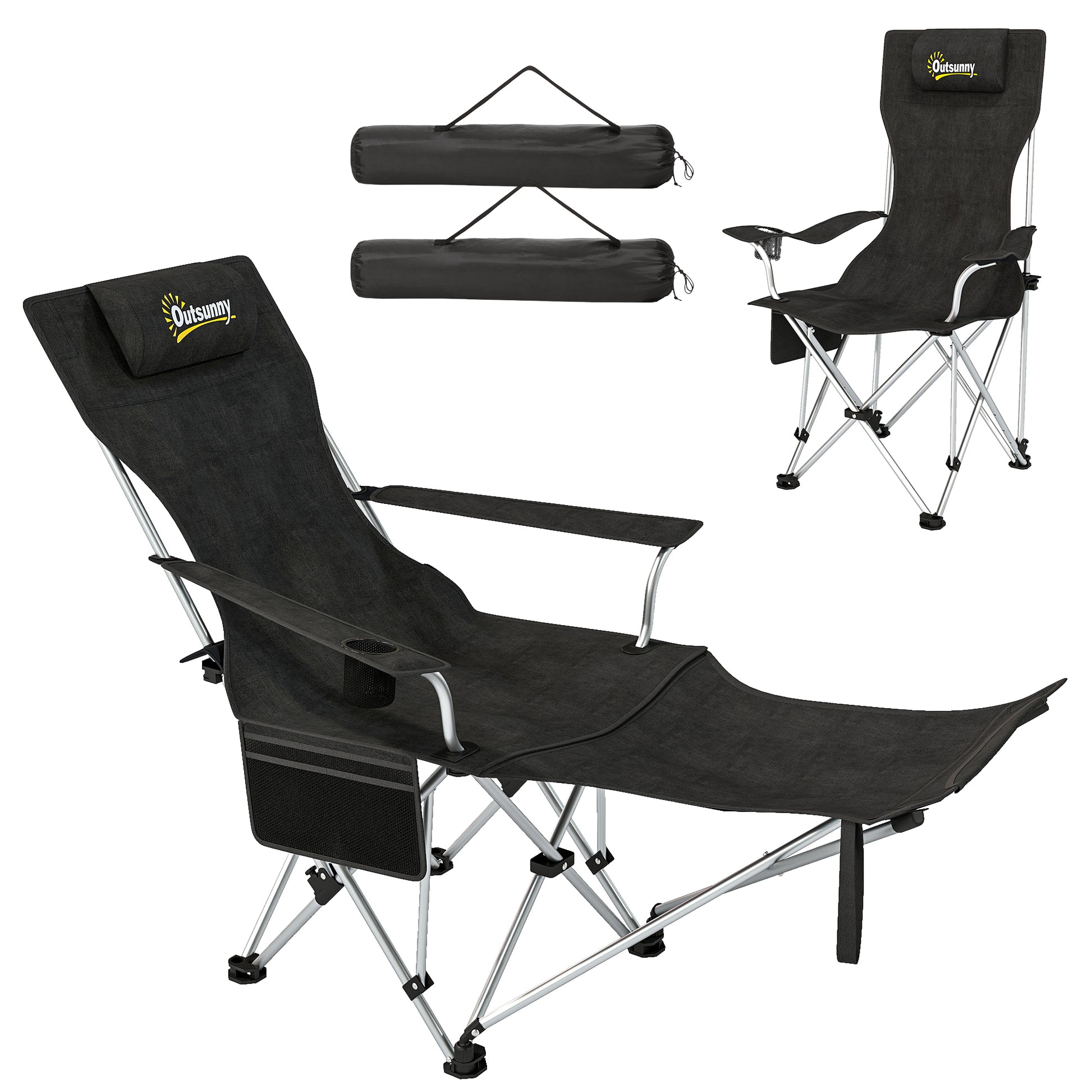 Set of 2 Reclining Camping Chair with Foot Rest, Folding Camping Chair w/ Headrest, Cup Holder, Storage Bag, Black