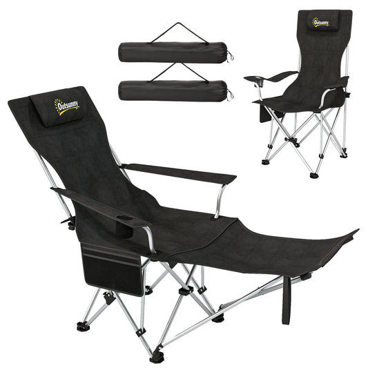 Set of 2 Reclining Camping Chair with Foot Rest, Folding Camping Chair w/ Headrest, Cup Holder, Storage Bag, Black