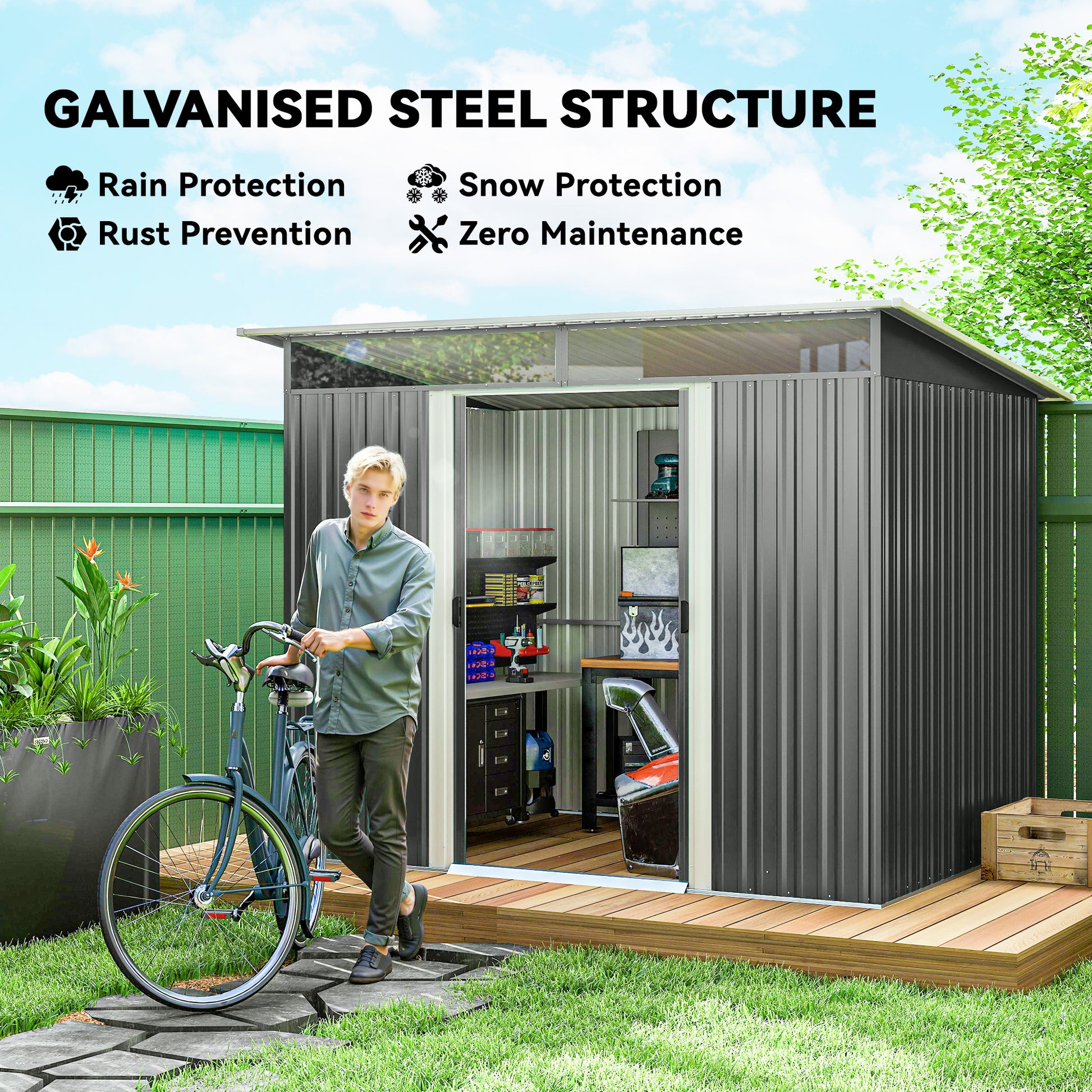 6' x 8.5' Outdoor Metal Garden Shed Utility Tool Storage Steel Backyard House, Dark Grey