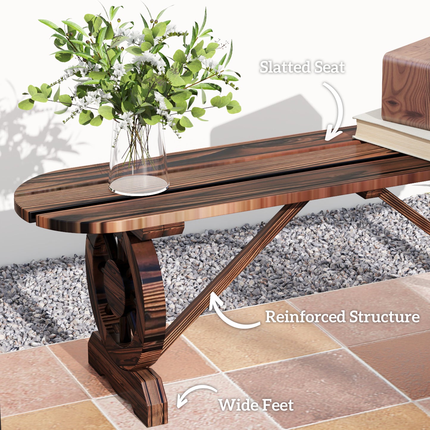 2-Person Outdoor Bench, Wood Garden Bench with Wagon Wheel Legs, Slatted Seat for Patio, Park, Backyard, Carbonized
