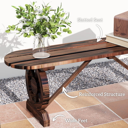 2-Person Outdoor Bench, Wood Garden Bench with Wagon Wheel Legs, Slatted Seat for Patio, Park, Backyard, Carbonized