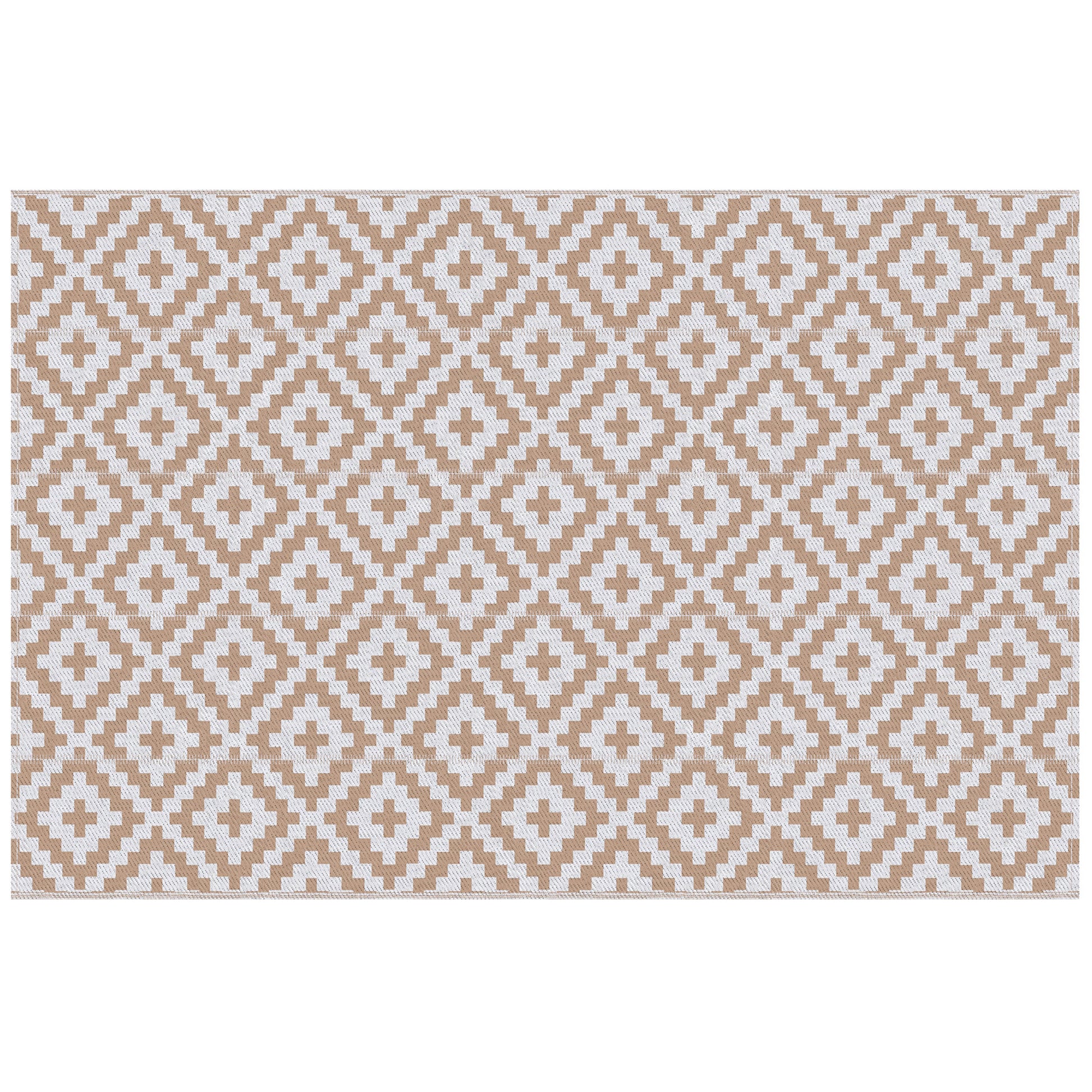 Reversible Outdoor RV Rug, Patio Floor Mat, 6' x 9' Plastic Straw Rug for Backyard, Deck, Beach, Camping, Coffee & White