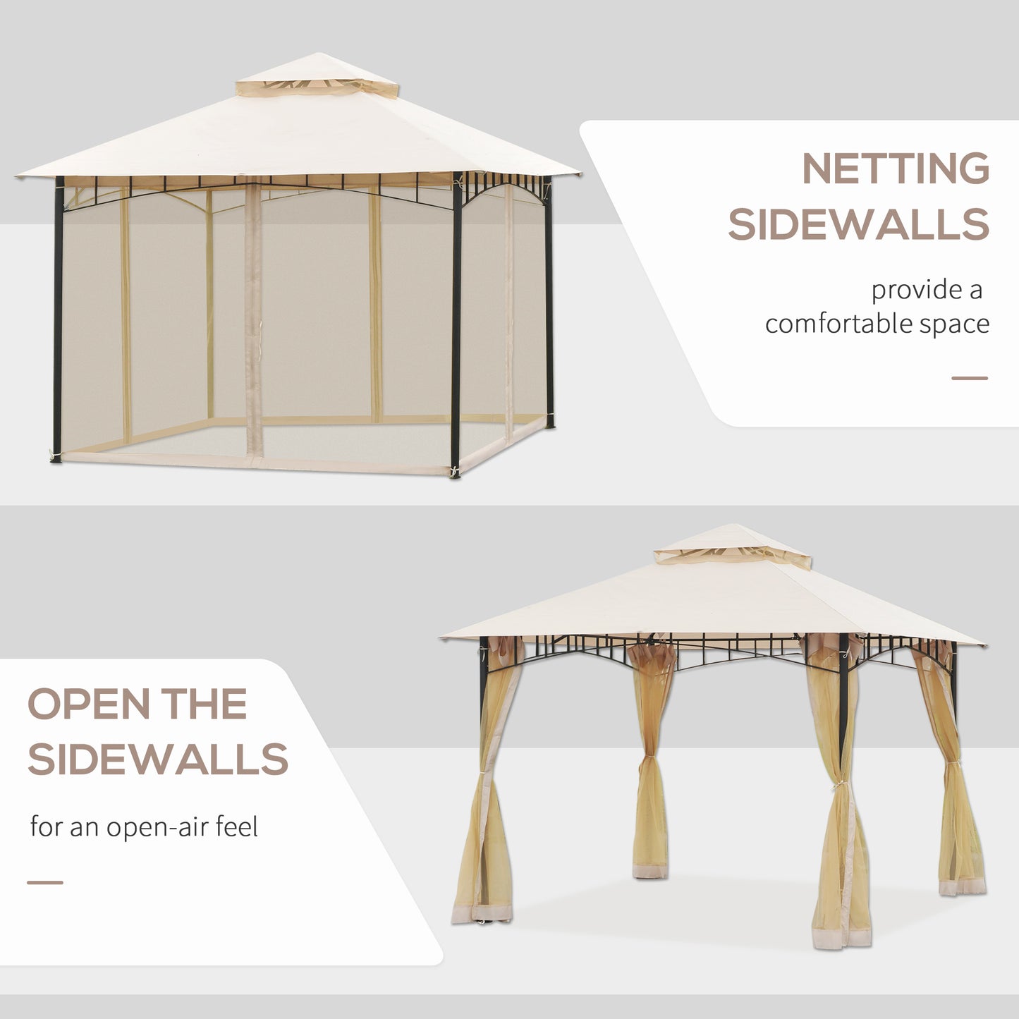 10' x 10' Double Tier Garden Gazebo Canopy Outdoor Sunshade Tent Water-Resistant Anti-UV Roof with Metal Frame and Mesh Sidewalls, Beige