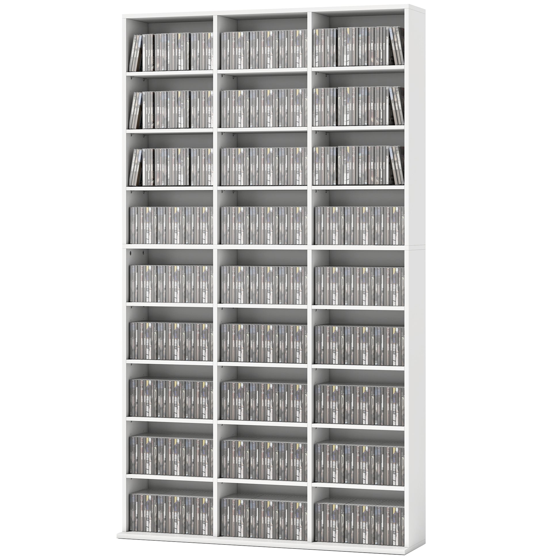 Media Storage Cabinet, 9-Tier DVD Shelf with 21 Adjustable Shelves, Holds 835 CDs, 500 DVDs or 640 Blu-rays, White