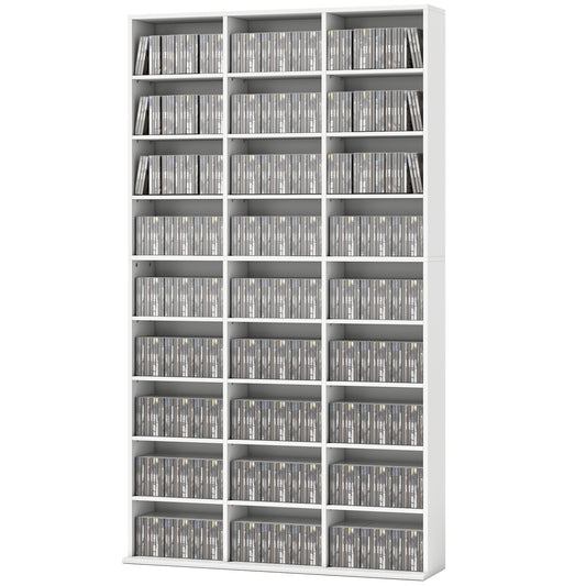 Media Storage Cabinet, 9-Tier DVD Shelf with 21 Adjustable Shelves, Holds 835 CDs, 500 DVDs or 640 Blu-rays, White