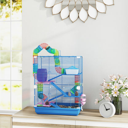 5 Tiers Hamster Cage Portable with Exercise Wheels Play Tube Water Bottle Dishes House Ladder for Gerbils, Dark Blue