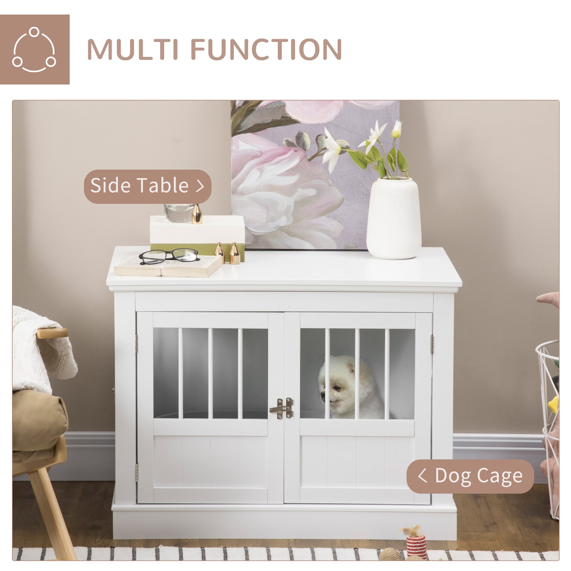 31" Dog Crate Furniture End Table with Three Doors for Small Dogs, White