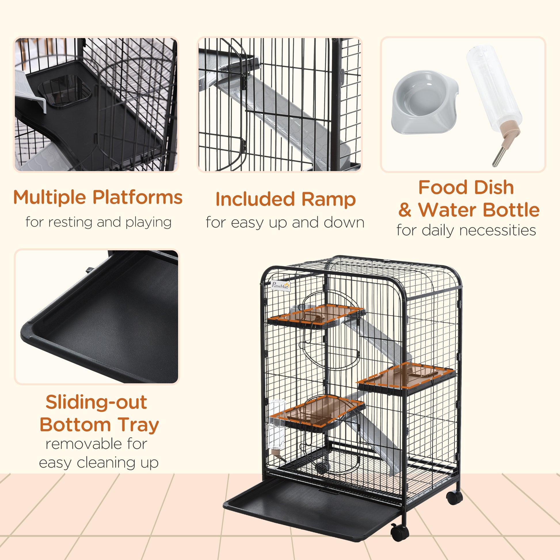 37"H Ferret Cage, 4-Tier Rolling Rabbit Ferret Chinchilla Squirrel Cage with Removable Tray, Platform, Ramp, Food Dish, Water Bottle, 24" x 17" x 37"