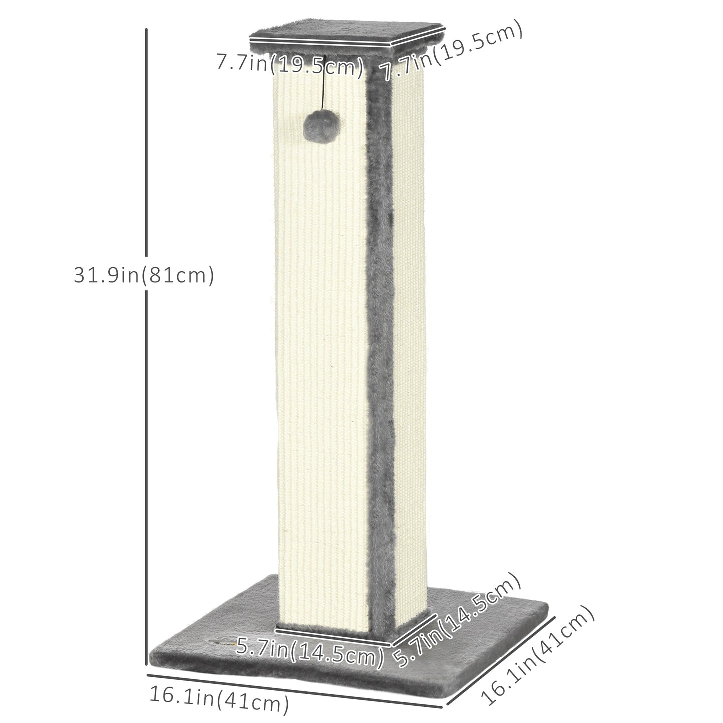 32" Tall Cat Scratching Post for Indoor Cats and Kittens, Sisal Cat Scratcher with Hanging Ball Soft Plush, Grey