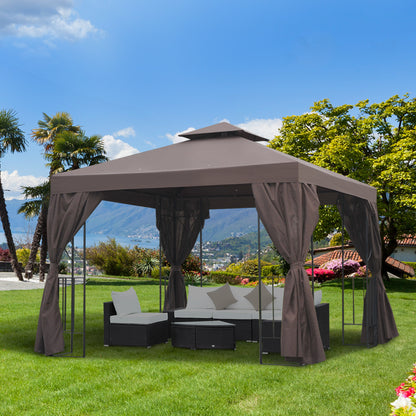 10' x 10' Patio Gazebo Outdoor, Canopy Shelter with Double-tier Roof, Pavilion Sidewalls for Garden Events, Brown