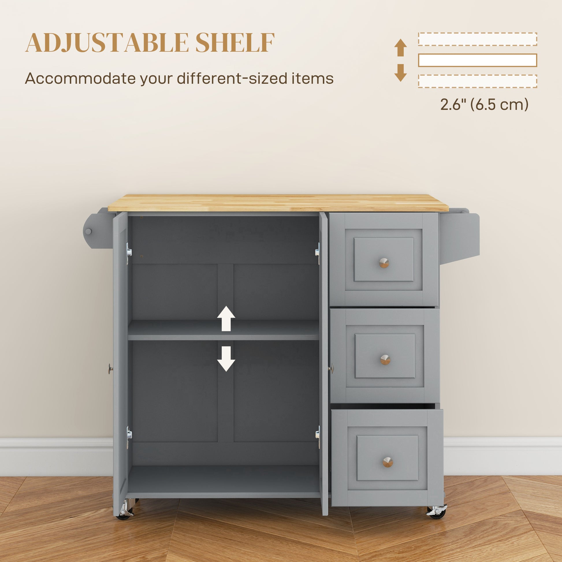 Kitchen Island on Wheels, Kitchen Cart with Drop Leaf, Drawers, Grey