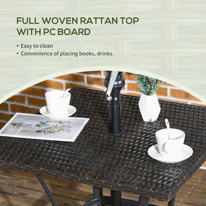Patio Wicker Dining Table with Umbrella Hole, 34 Inch Outdoor PE Rattan Coffee Table with Plastic Board Under the Woven Table Top for Patio, Garden, Balcony, Mixed Brown