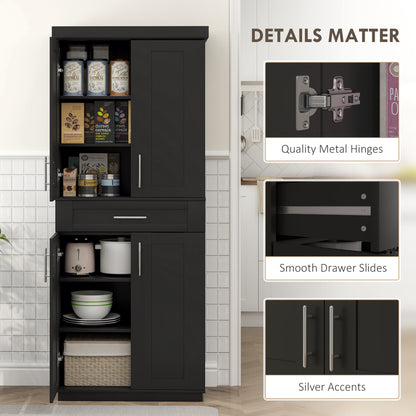 72" Storage Cabinet, Freestanding Kitchen Pantry Cabinet with 4 Doors, Drawer and 3 Adjustable Shelves, Black