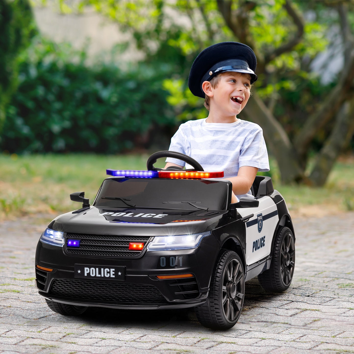 Qaba 12V Kids Electric Police Car w/ Remote Control, Spring Suspension, Transport Wheel, Siren, Music, Light, Horn, Black