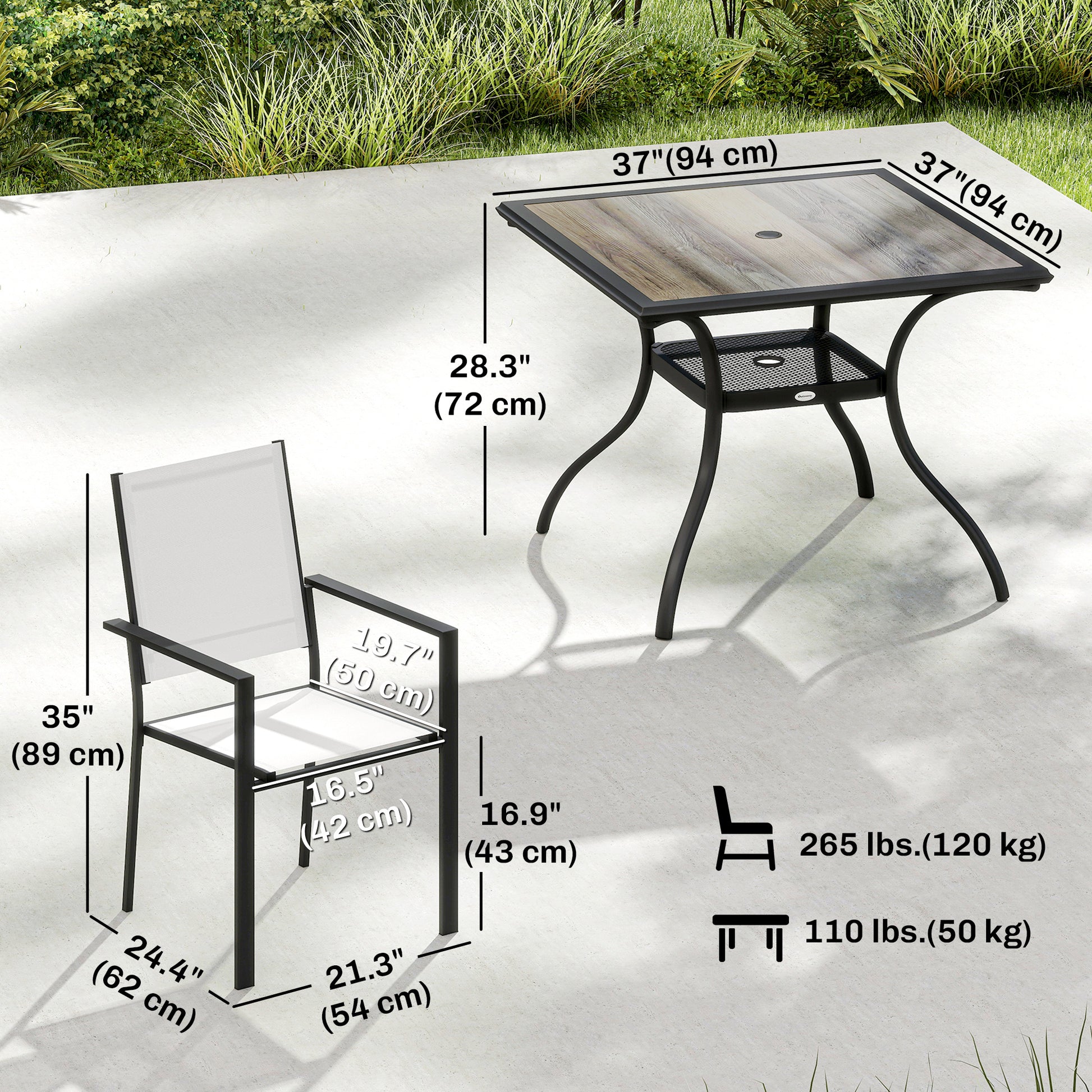 5 Piece Outdoor Patio Dining Set, Dining Table and 4 Stackable Chairs with Umbrella Hole, Shelf