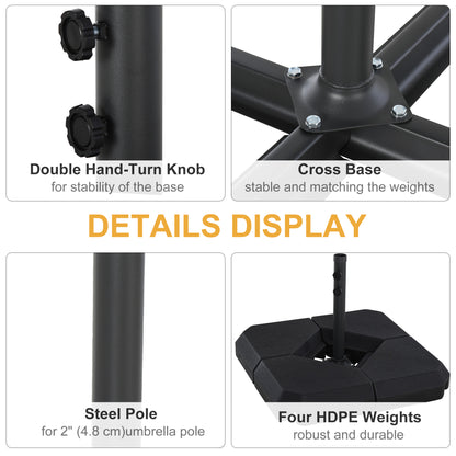 Umbrella Stand Fitting 2" Poles and Steel Base with 4 Fillable Plastic Weights, 158lbs Sand or 132lbs Water Filled, Black