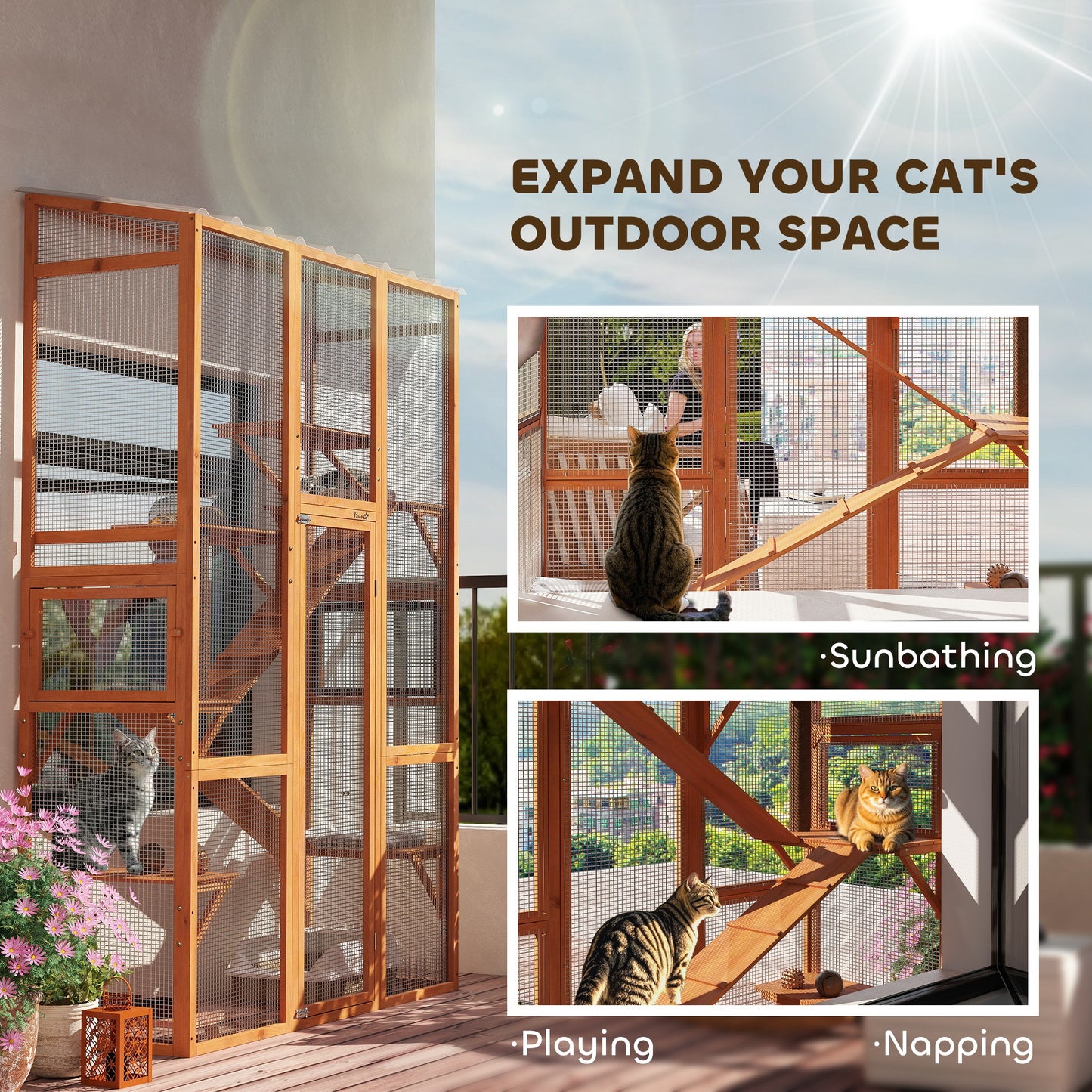 Large Outdoor Catio with 6 Jumping Platforms, Scratching Post, 2 Ramps, Waterproof Roof, Orange
