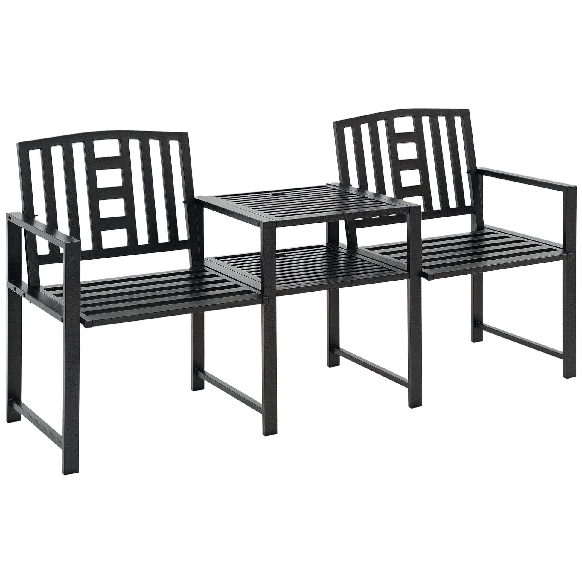 Steel Garden Bench w/ Middle Table, Umbrella Hole, Double Seat for Outdoor, Patio, Backyard Weather-Resistant Frame, Black