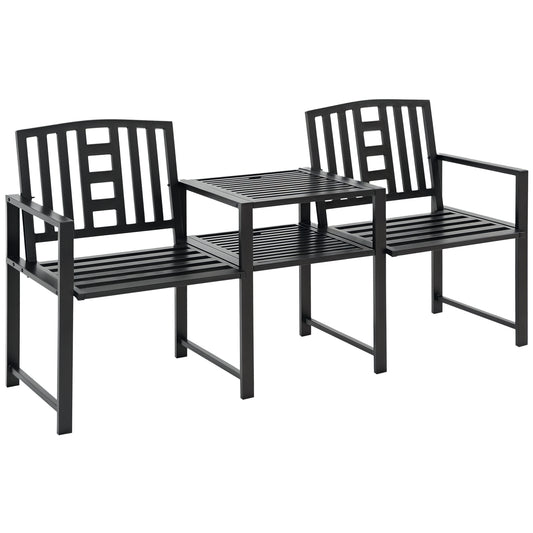 Steel Garden Bench w/ Middle Table, Umbrella Hole, Double Seat for Outdoor, Patio, Backyard Weather-Resistant Frame, Black