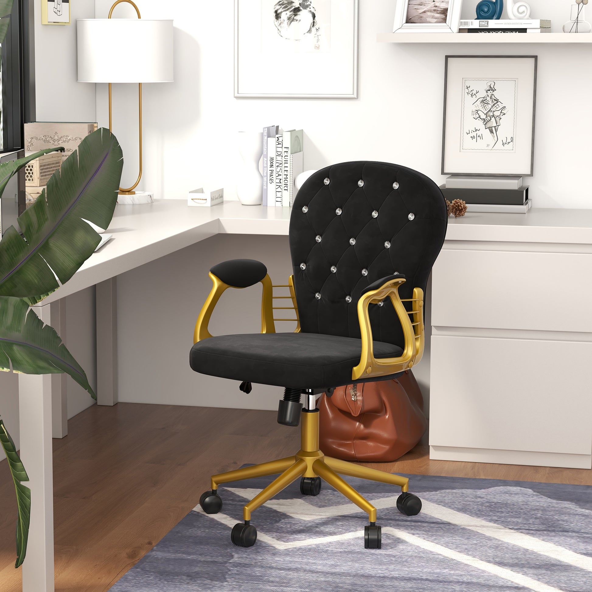 Velvet Office Desk Chair Button Tufted Vanity Chair with Swivel Wheels, Adjustable Height and Tilt Function, Black