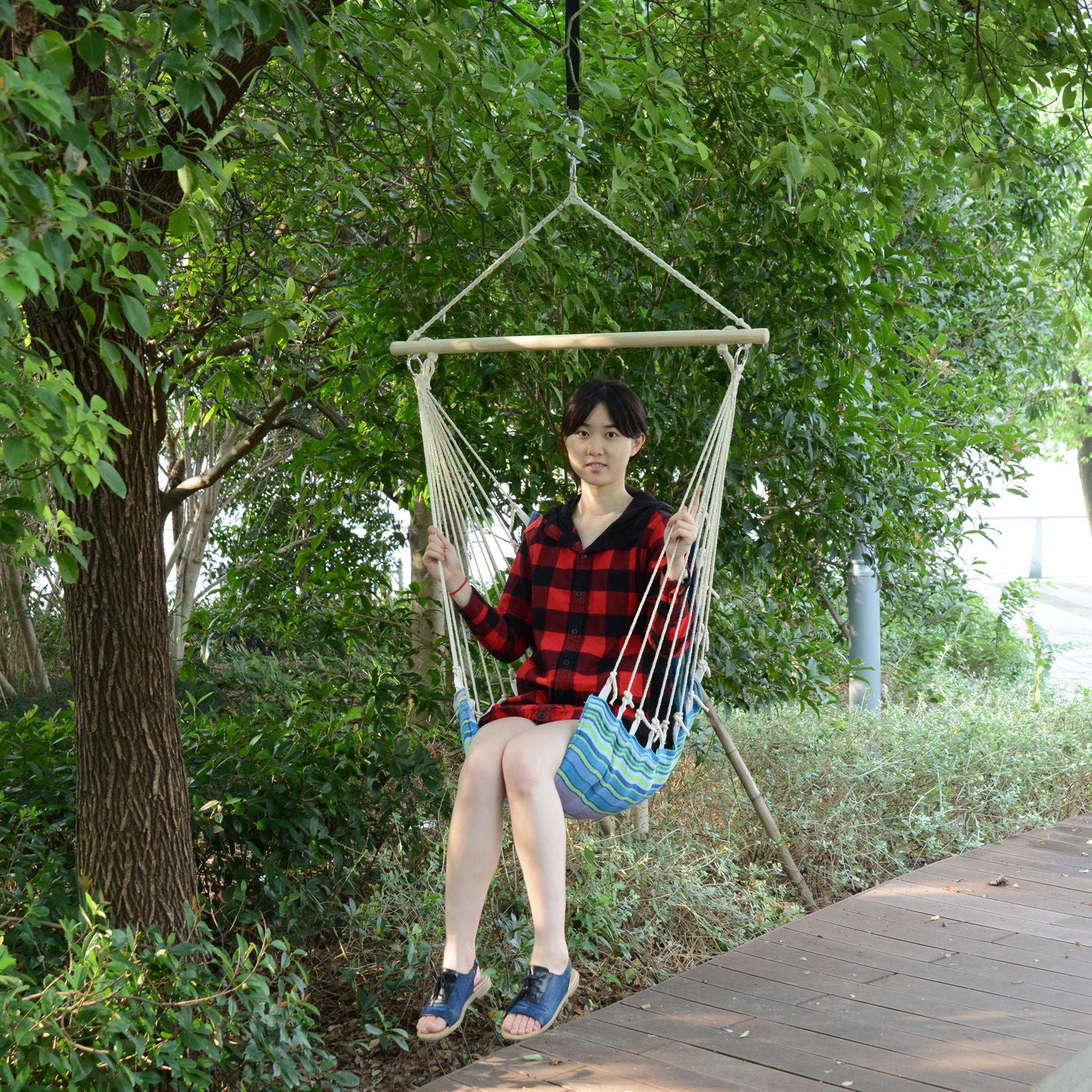 Portable Hanging Woven Hammock Seat Rope Swing Chair Sleeping Bed for Outdoor Garden Yard Camping Blue