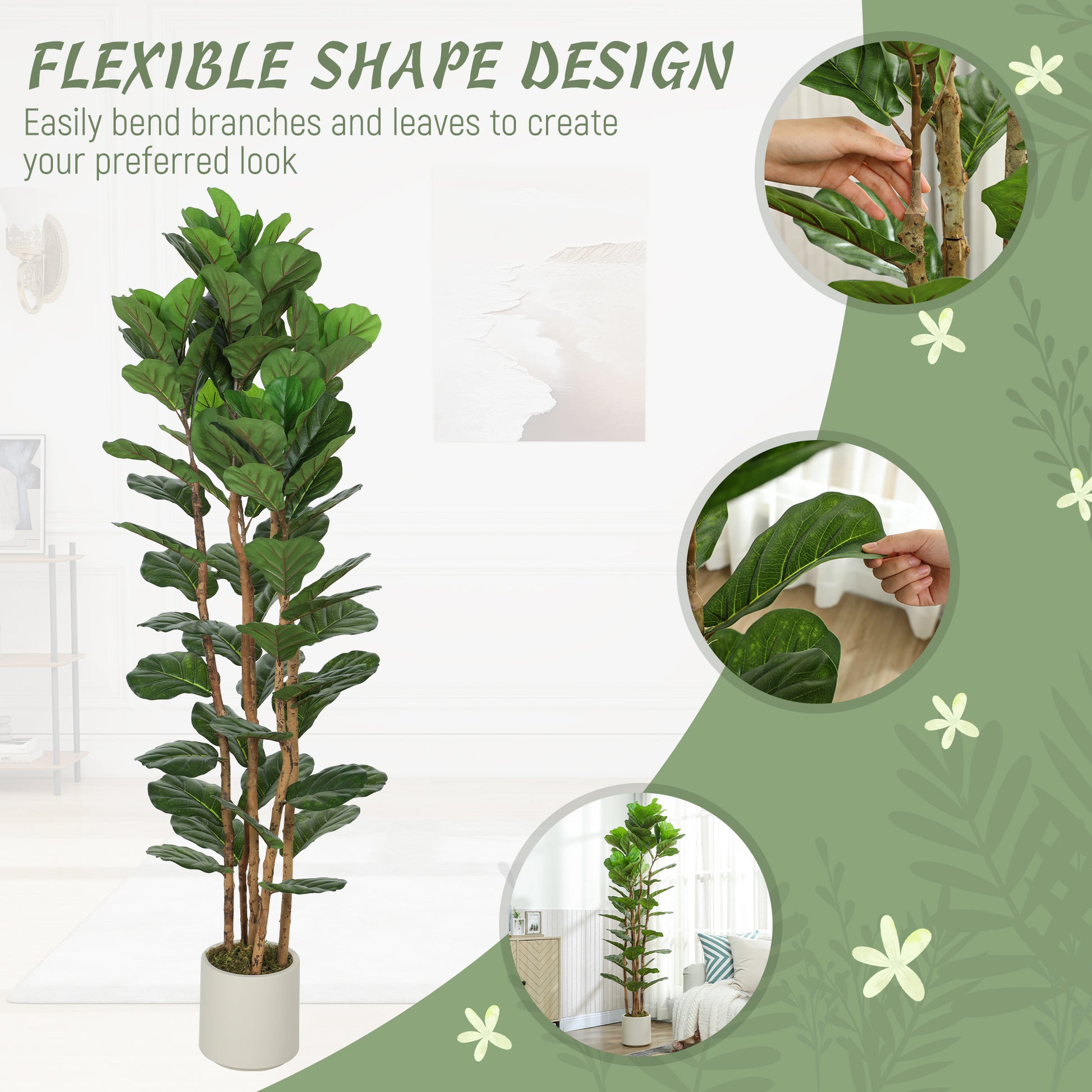 6FT Artificial Fiddle Leaf Fig Tree Set of 2, Fake Potted Tree with Solid Wood Trunks for Indoor Decor, Green