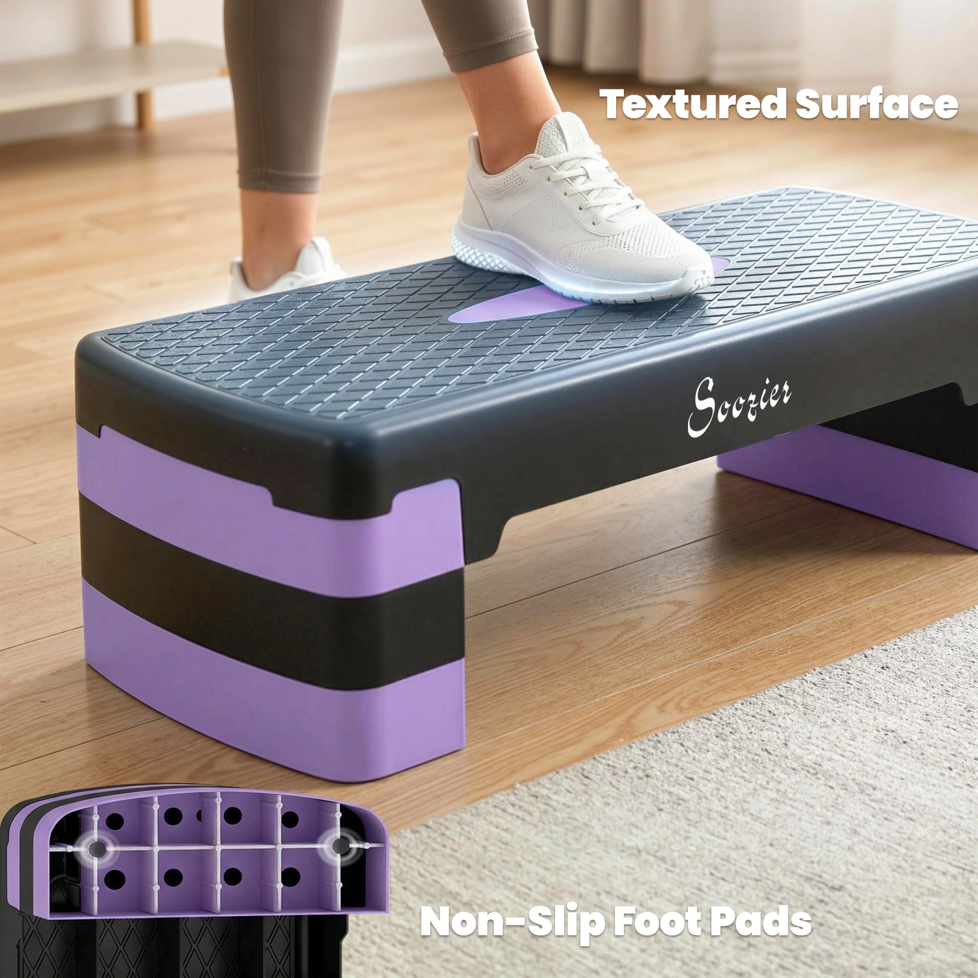 Soozier Aerobic Exercise Step Platform, 4"/6"/8" Adjustable Aerobic Stepper with Risers, Workout Stepper for Home Gym, Purple