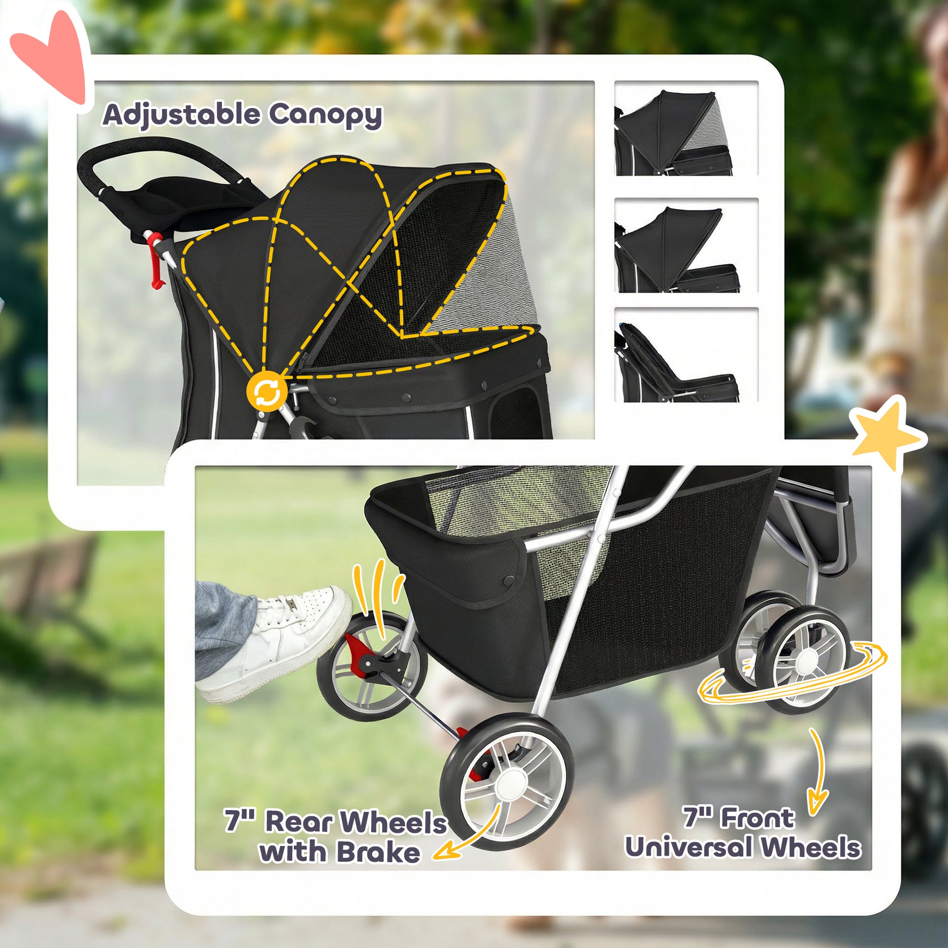3 Wheels Foldable Dog Stroller with Storage Basket, Adjustable Canopy, Cupholder for Miniature and Small Dogs, Black