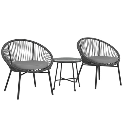 3 Piece Wicker Patio Furniture Set with Soft Seat Cushions, Tempered Glass Tabletop, Bistro Set for Garden, Black