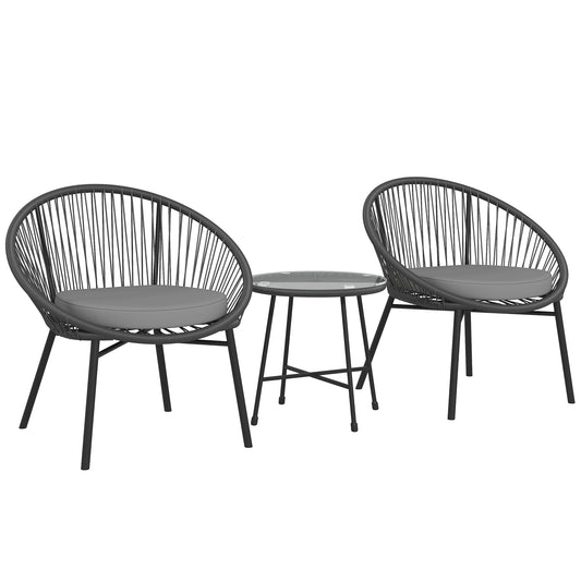 3 Piece Wicker Patio Furniture Set with Soft Seat Cushions, Tempered Glass Tabletop, Bistro Set for Garden, Black