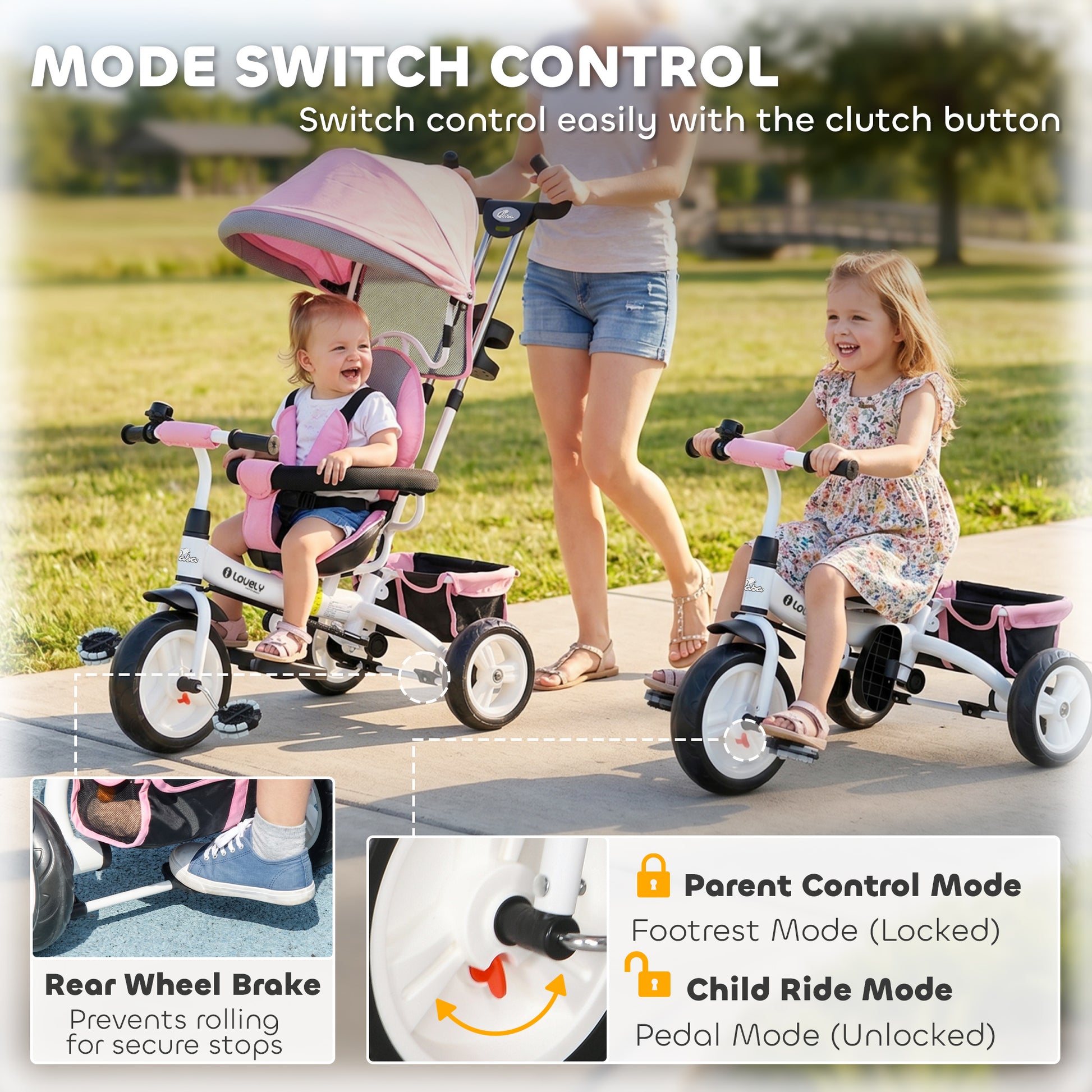 Qaba 6 in 1 Toddler Tricycle Stroller with Basket, Canopy, 5-point Safety Harness, for 12-60 Months, Pink