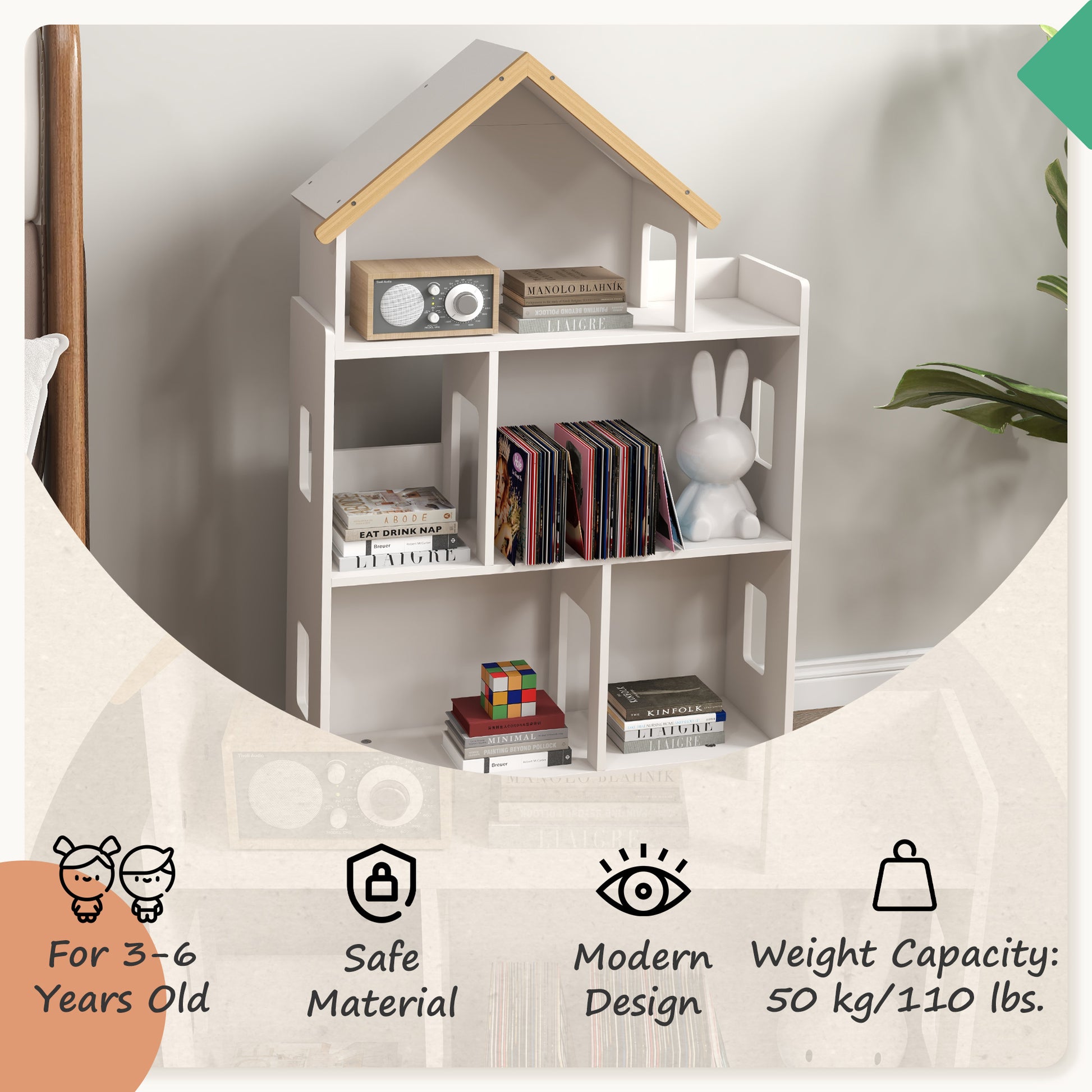 Qaba Toy Storage Organizer Cabinet, 3-Tier Kids Bookshelf for Playroom, Kids Room, Nursery, Kindergarten, White