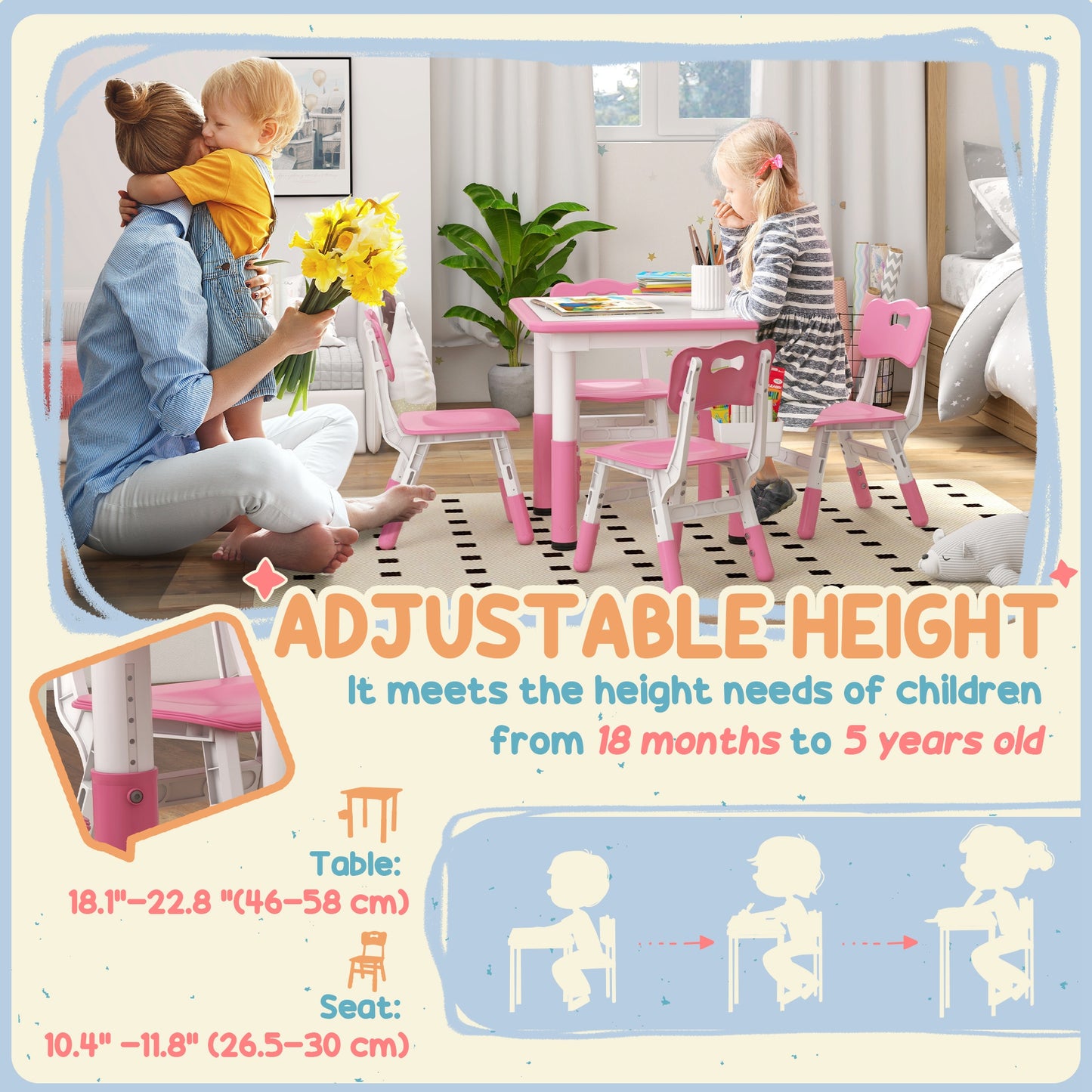 Qaba 5 Pieces Toddler Table and Chair Set, Height Adjustable Activity Table and Chair Set for Nursery Classroom, Pink