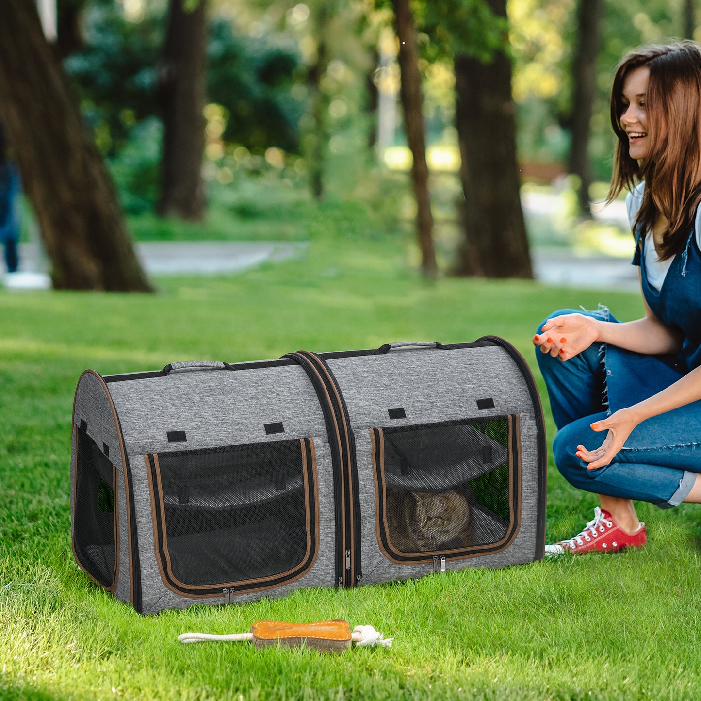 39" Travel Pet Carrier, Portable Soft-Sided Cat Carrier with Divider, Two Compartments, Cushions, & Storage Bag, Grey