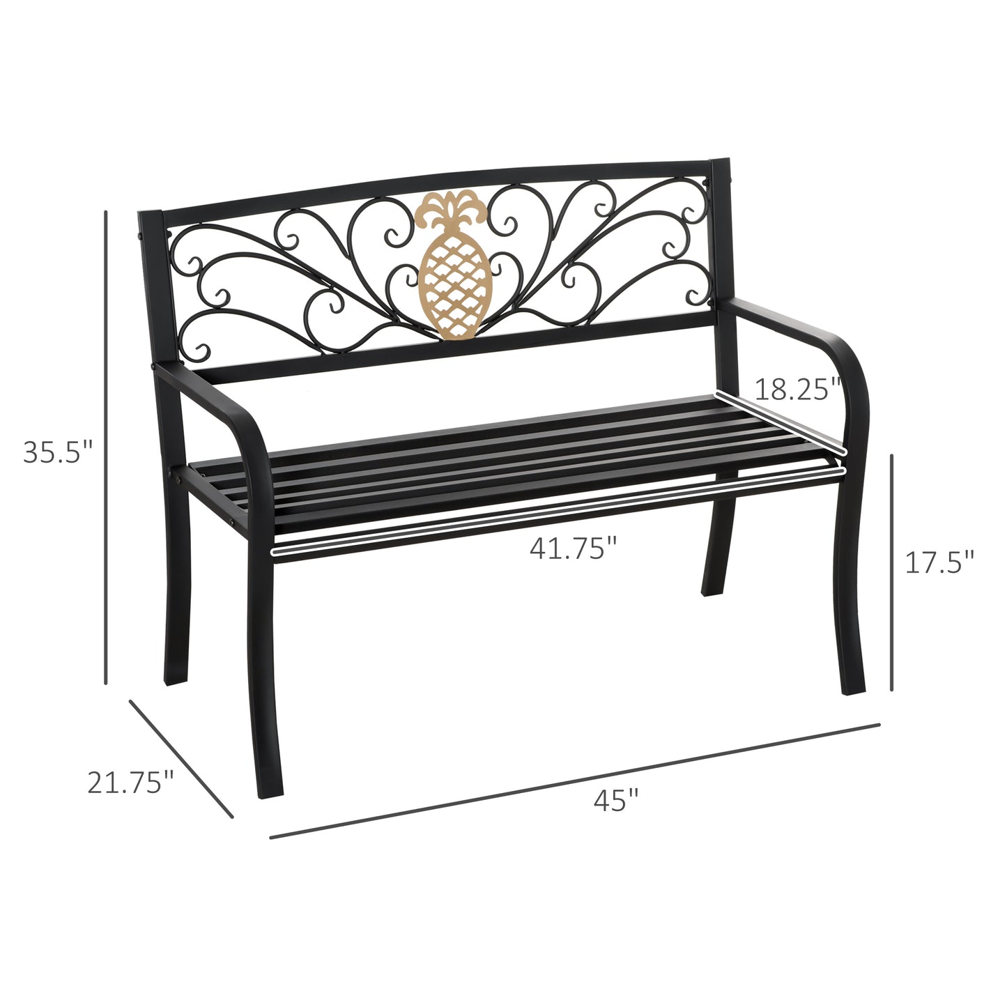 2 Seater Garden Bench 45" x 21.75" x 35.5" Steel Frame Loveseat for Yard, Lawn, Porch, Patio, Black and Gold