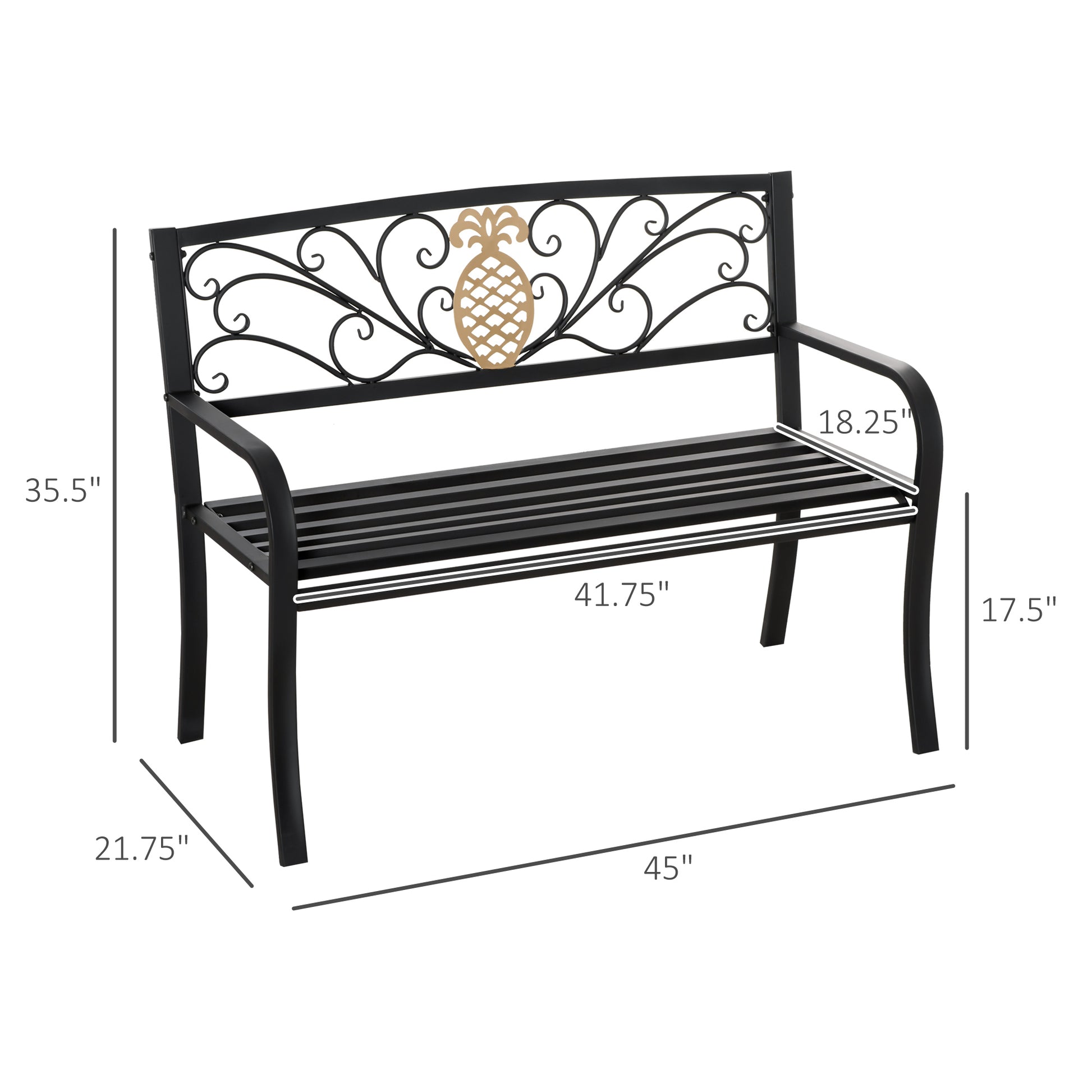 2 Seater Garden Bench 45" x 21.75" x 35.5" Steel Frame Loveseat for Yard, Lawn, Porch, Patio, Black and Gold