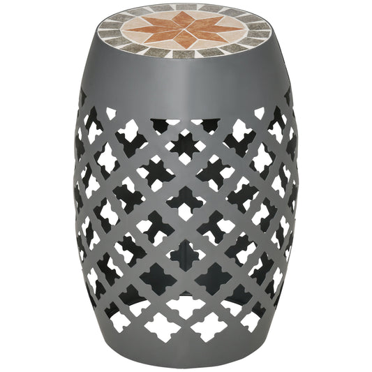 Ceramic Decorative Garden Stool, 12" Drum Outdoor Stool Side Table Plant Stand for Outdoor Indoor, Grey