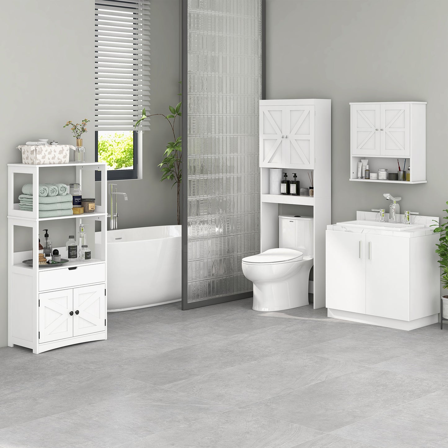 Farmhouse Bathroom Storage Cabinet, Linen Cabinet with Drawer and Shelves, 23.5" x 13" x 48.5", White