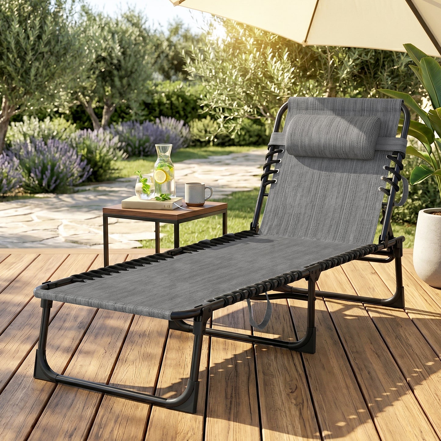 Outdoor Folding Chaise Lounge, Reclining Lounge Chair with Adjustable Backrest and Removable Pillow, Mixed Grey