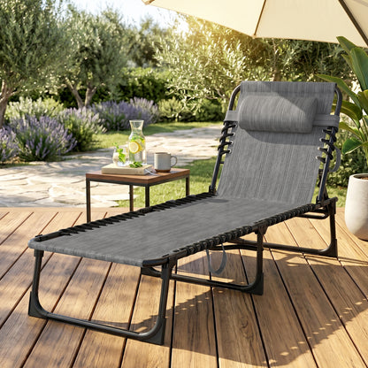 Outdoor Folding Chaise Lounge, Reclining Lounge Chair with Adjustable Backrest and Removable Pillow, Mixed Grey