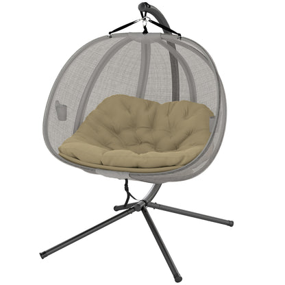 Double Egg Chair with Stand, 2 Person Hanging Swing Egg Chair with Cushion, Pockets, Khaki