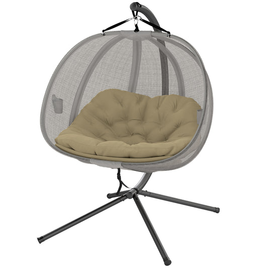 Double Egg Chair with Stand, 2 Person Hanging Swing Egg Chair with Cushion, Pockets, Khaki