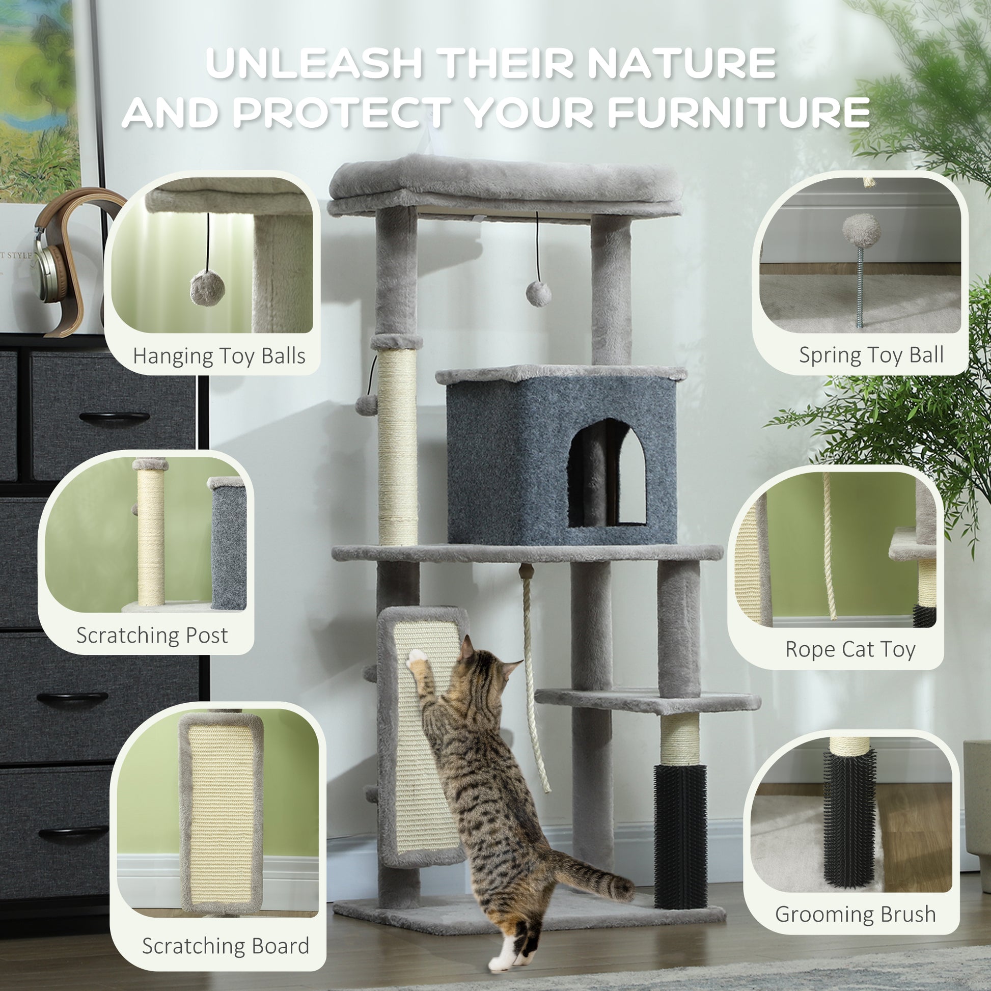 52 Inch Cat Tree with Scratching Posts, Cat Bed, Condo, Grooming Brush, Jumping Platforms, Toy Balls, Anti-tip Kit