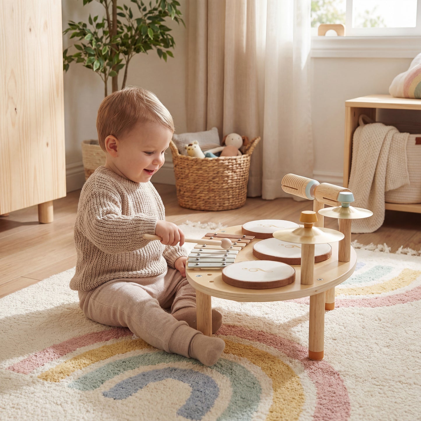 Qaba Toddler Drum Set, 4-in-1 Musical Instruments for Kids 2+, Gifts for Girls Boys Birthday, Natural Wood