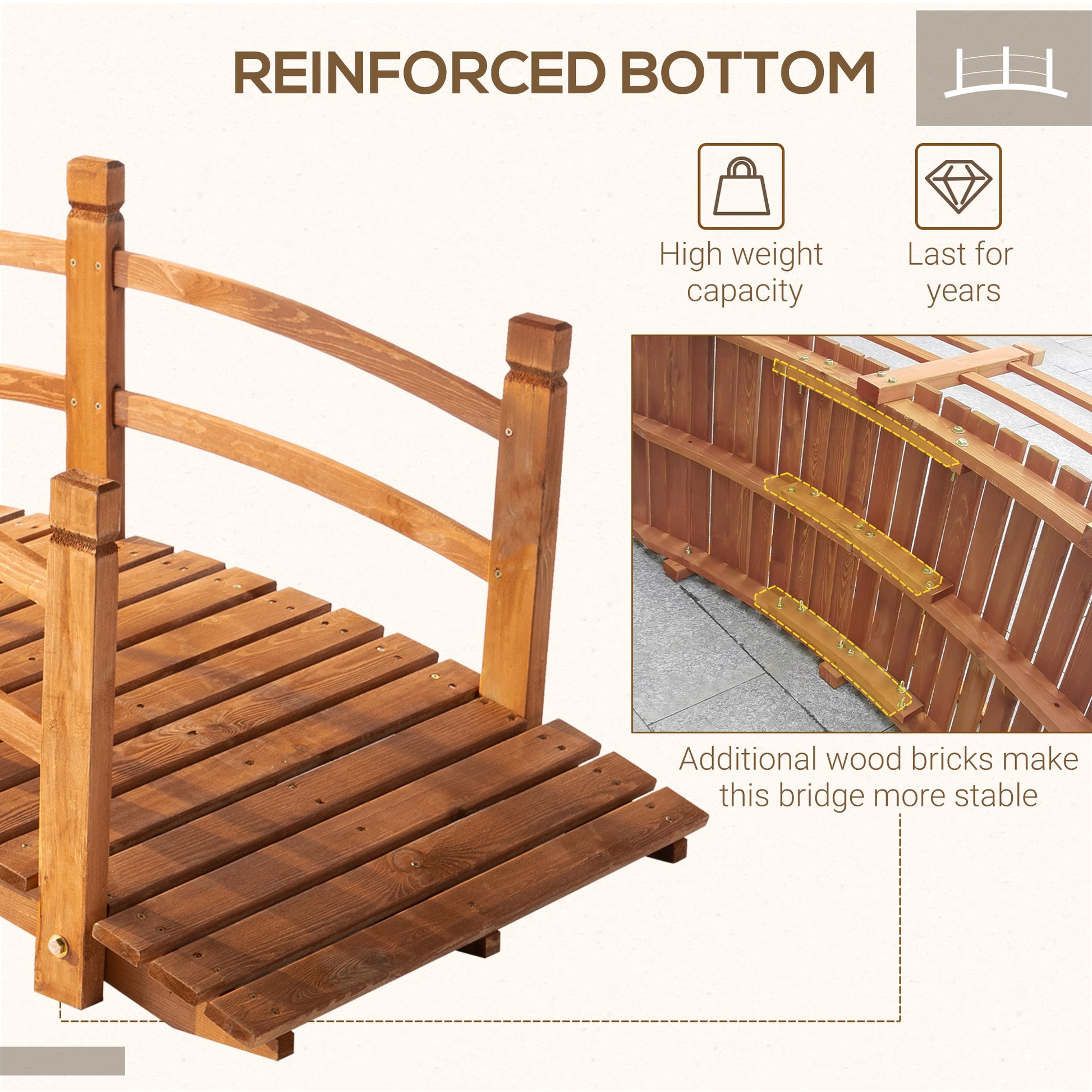 5FT Wooden Garden Bridge Classic Arc Footbridge with Guardrails for Stream Pond Walkway, Orange