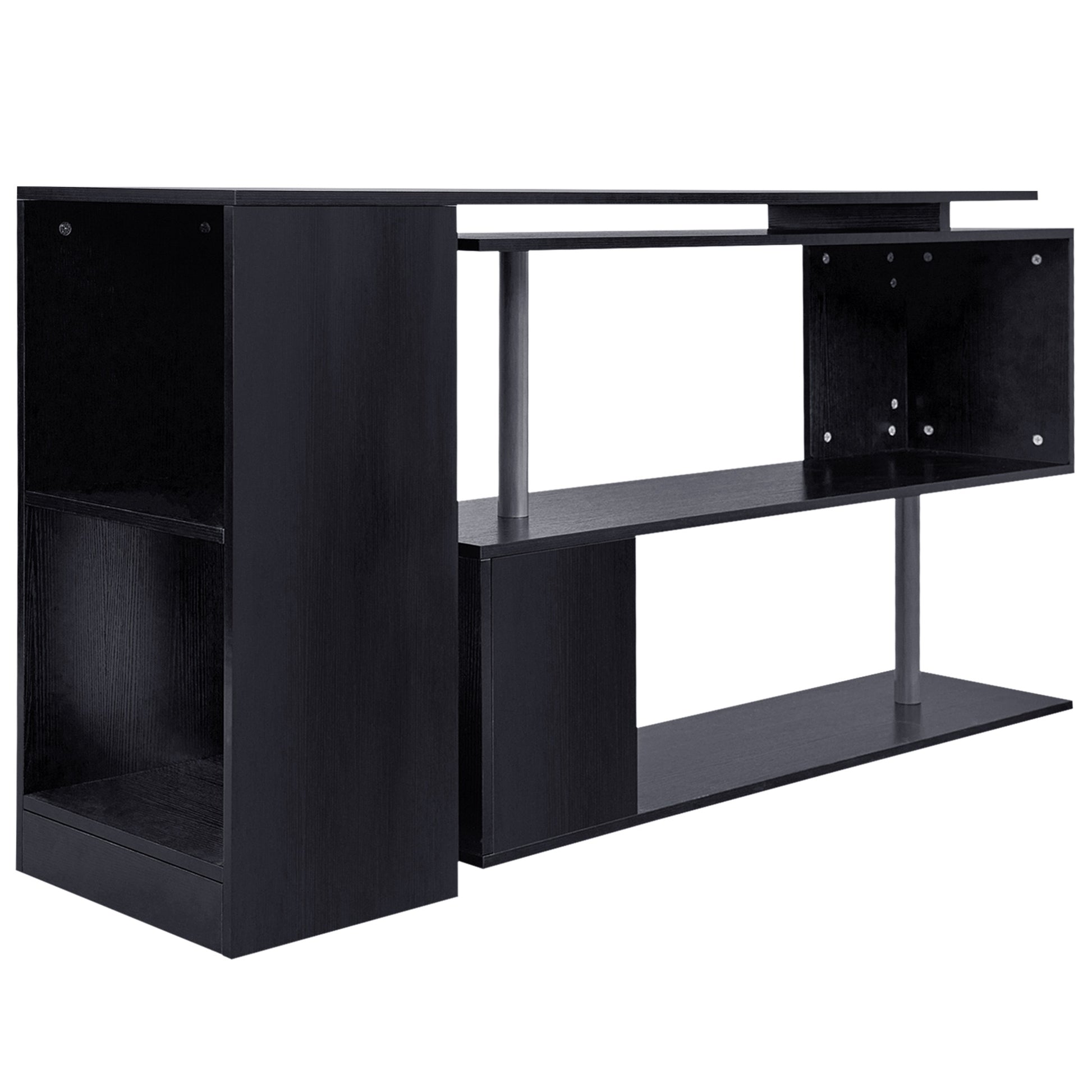 55" Corner Computer Desk, 360° Rotating L-Shaped Desk, Home Office Workstation with 3-Tier Shelves, Bookshelf, Black