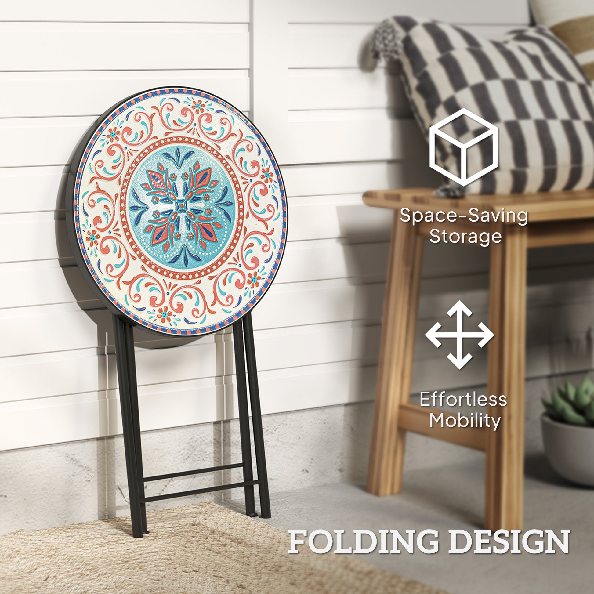 Mosaic Outdoor Patio Side Table, 14" Round Folding Outdoor Coffee Table with Steel Frame for Balcony Deck Patio Terrace, Mixed Colour