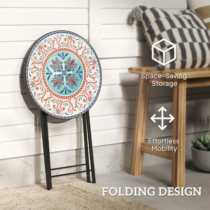 Mosaic Outdoor Patio Side Table, 14" Round Folding Outdoor Coffee Table with Steel Frame for Balcony Deck Patio Terrace, Mixed Colour