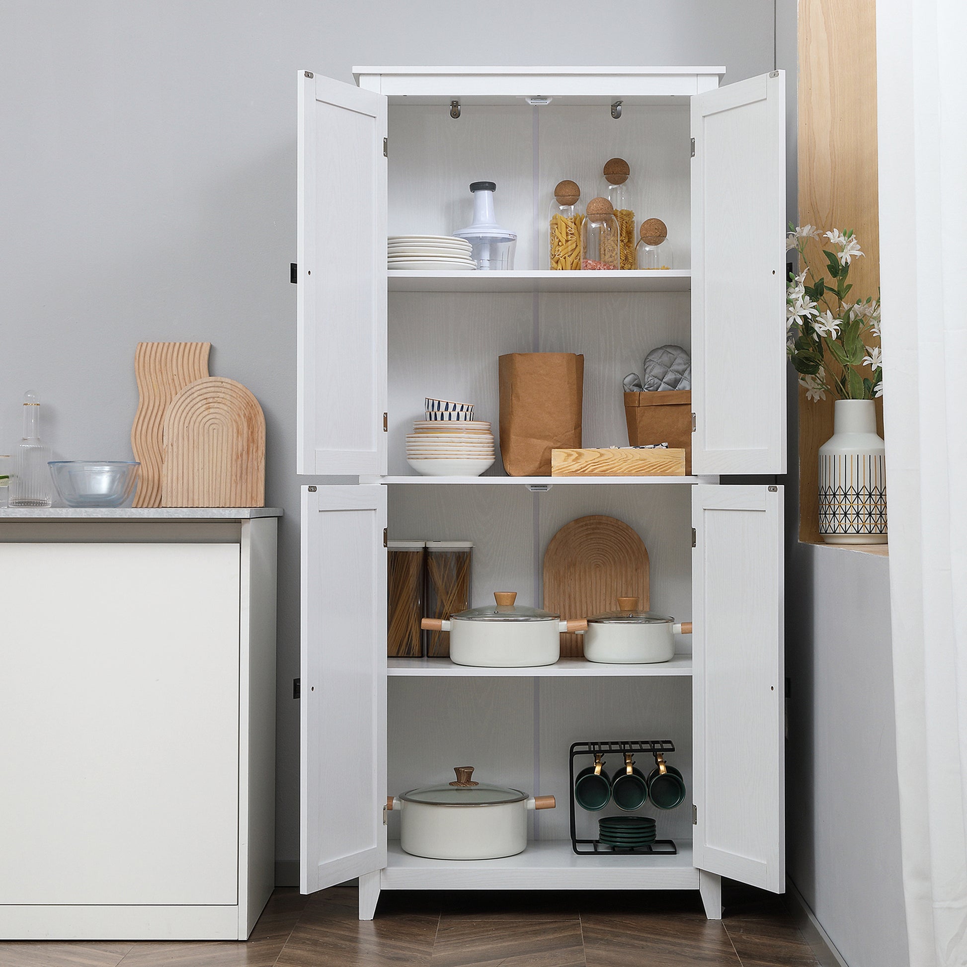 72" Freestanding Storage Cabinet, Kitchen Pantry Cabinet with Doors and Shelves for Dining Room, White