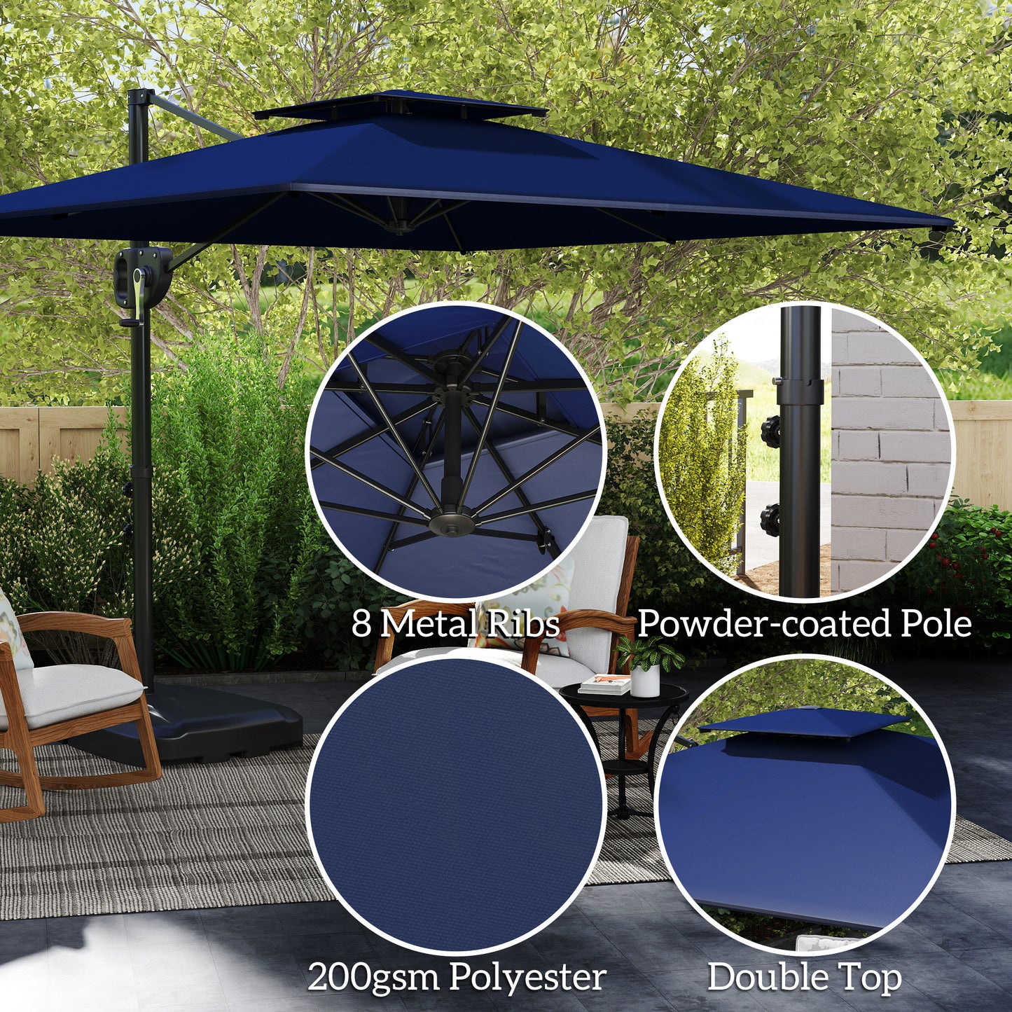 Square Cantilever Patio Umbrella, Double Top Patio Hanging Offset Umbrella with Crank & Tilt, 8' x 9', Dark Blue